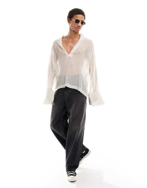 ASOS DESIGN - Chemise transparente décontractée à enfiler avec décolleté profond - Beige, 2 de 4