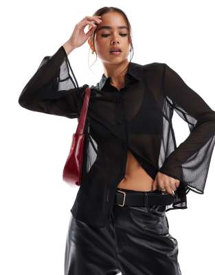 Haut NEXT Noir Perlé Col V Manches Longues - Style Cache-plage Semi-transparent - Taille 8-10