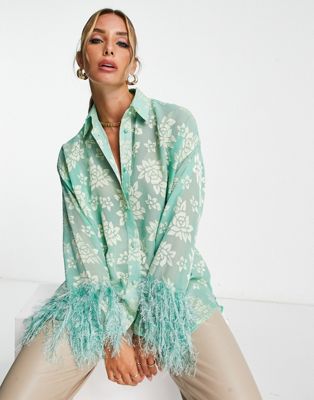 ASOS DESIGN sheer floral jacquard shirt with faux feather cuff detail in green - ASOS Price Checker