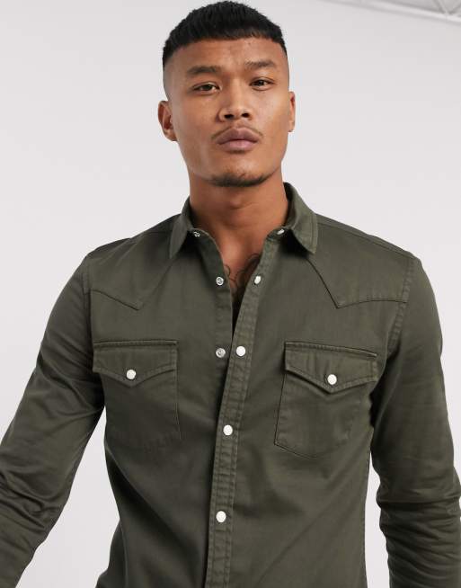 ASOS DESIGN Chemise western ajust e en jean Kaki ASOS