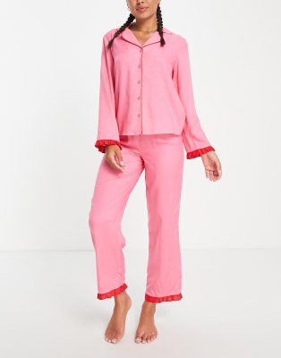 ASOS DESIGN mix & match modal pyjama shirt with contrast frill in pink & red - ASOS Price Checker