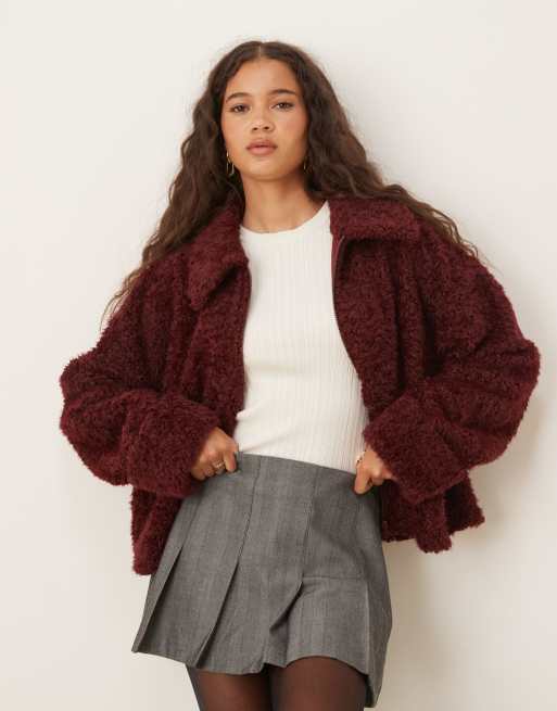 ASOS DESIGN chenille borg with collar in burgundy