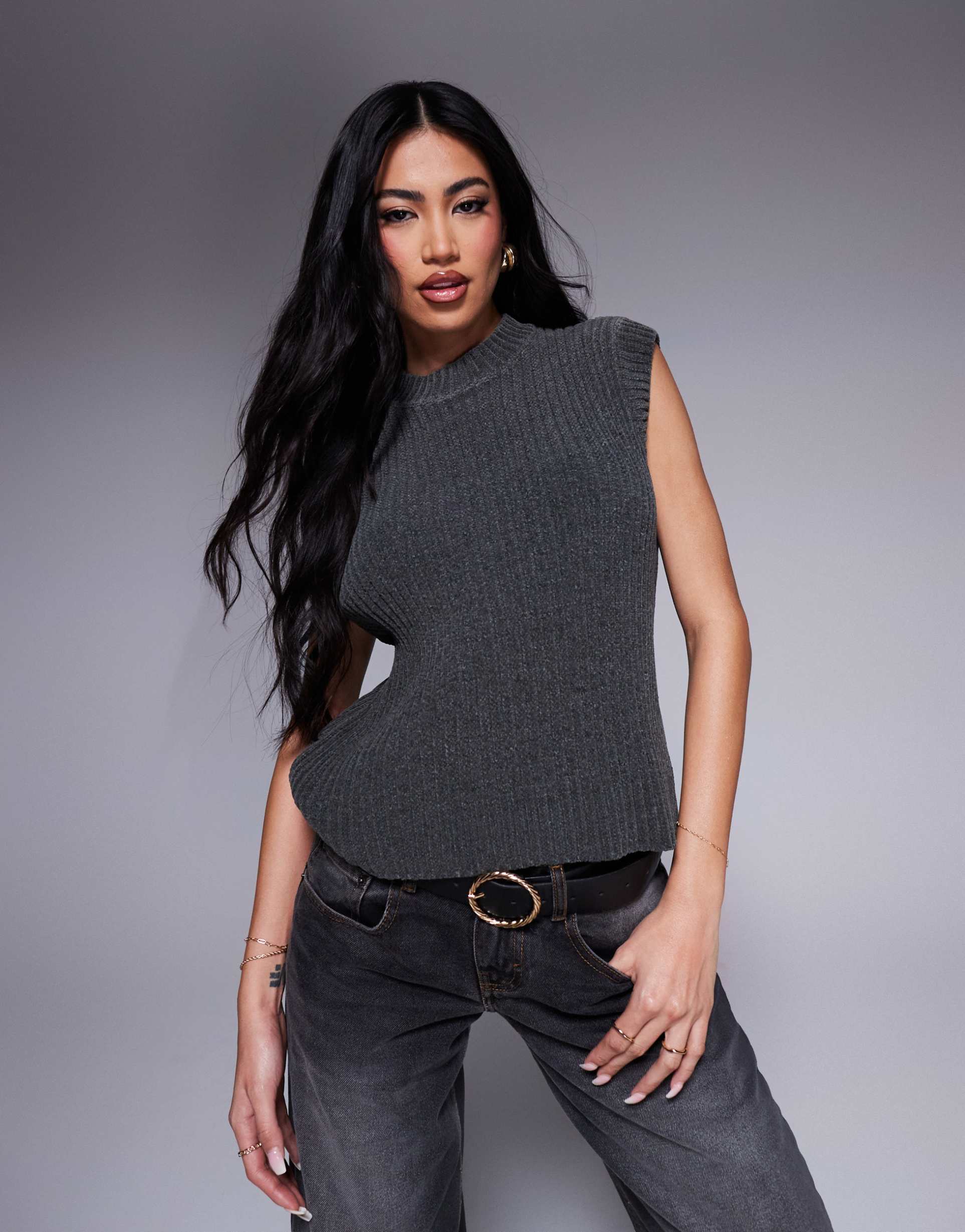 asos design chenille knit tank in charcoal