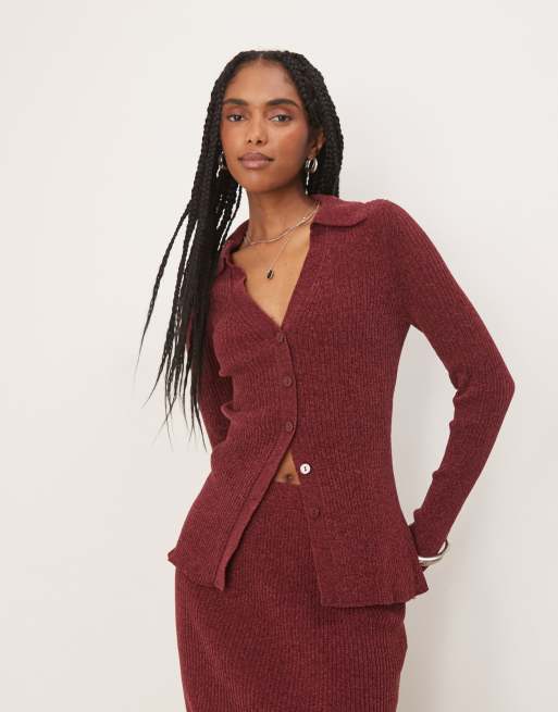ASOS DESIGN chenille longline collared cardigan in burgundy (part of a set)