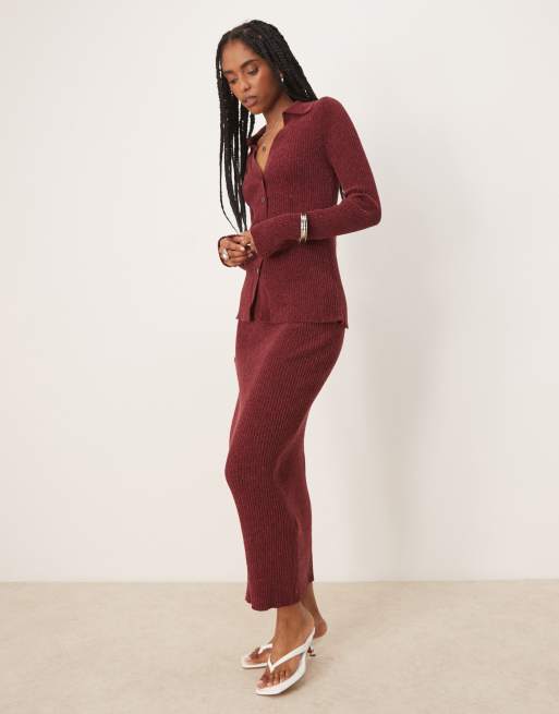 ASOS DESIGN chenille longline collared cardigan & maxi skirt co-ord in burgundy