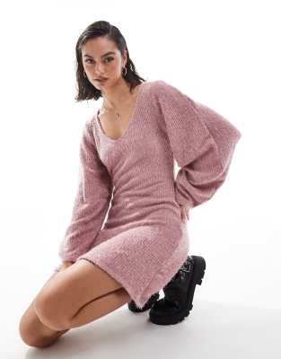 ASOS DESIGN - Chenille-Minikleid in Rosa mit Flügelärmeln