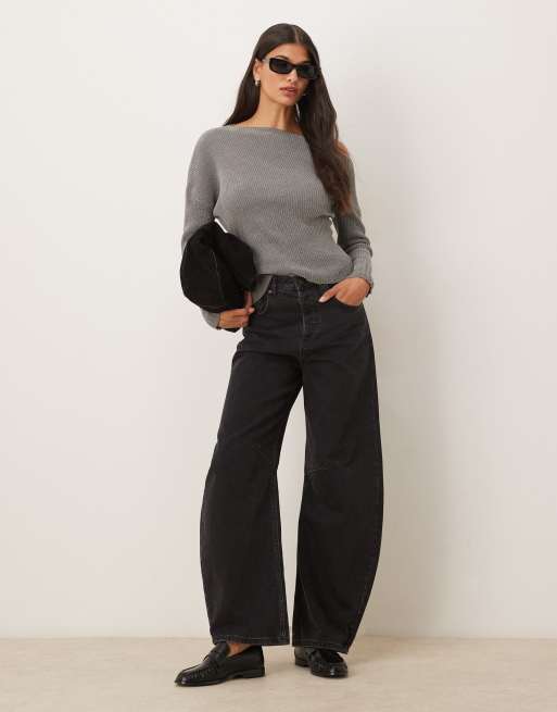 ASOS DESIGN chenille off shoulder jumper in grey, 3 of 4
