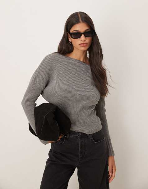 ASOS DESIGN chenille off shoulder sweater in gray - view 1