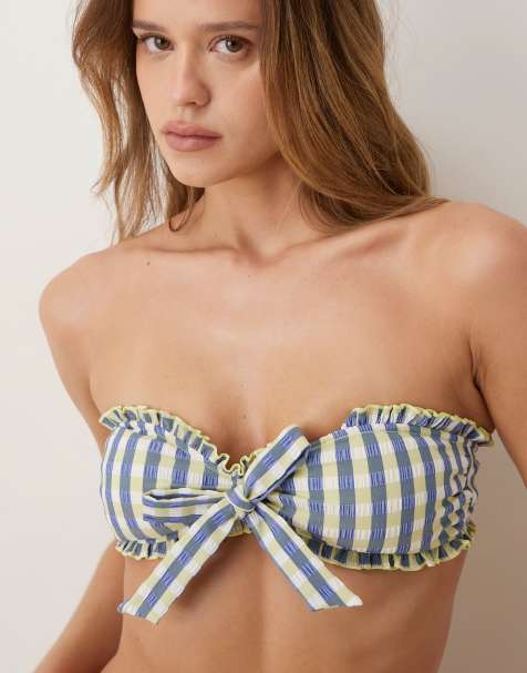 ASOS DESIGN – Cheri Check – Limegrön, rutig, vadderad bikiniöverdel i bandeau-modell med rysch och knytning framtill - view 1