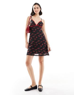 ASOS DESIGN cherry cami dress with red contrast trim