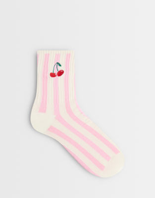 Asos Design Cherry Embroidery Ankle Socks In Pink
