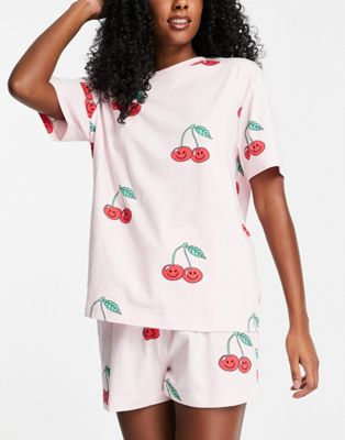 ASOS DESIGN cherry friends oversized tee & short pyjama set in pink