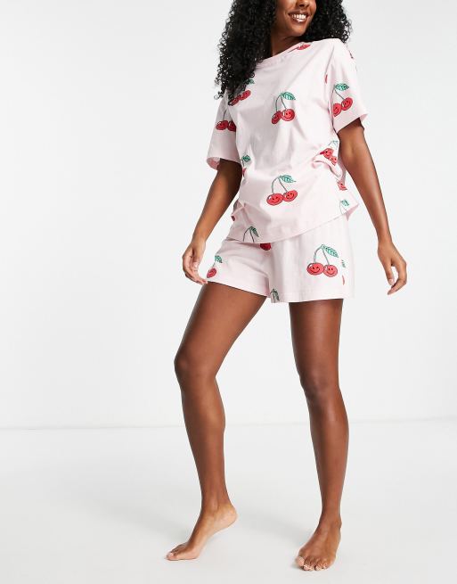 ASOS DESIGN cherry friends oversized tee & short pyjama set in pink