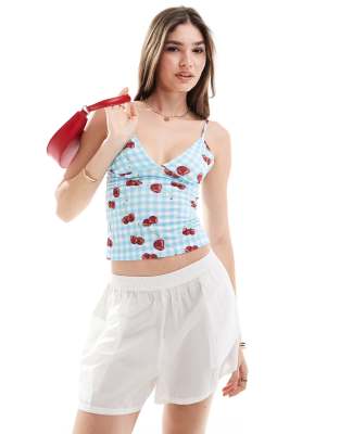 ASOS DESIGN cherry gingham cami top-Blue