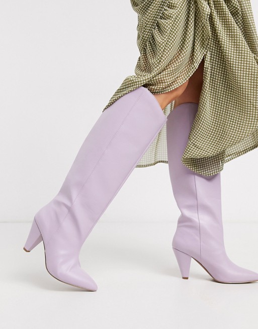 ASOS DESIGN Cherry pull on knee boots in lilac