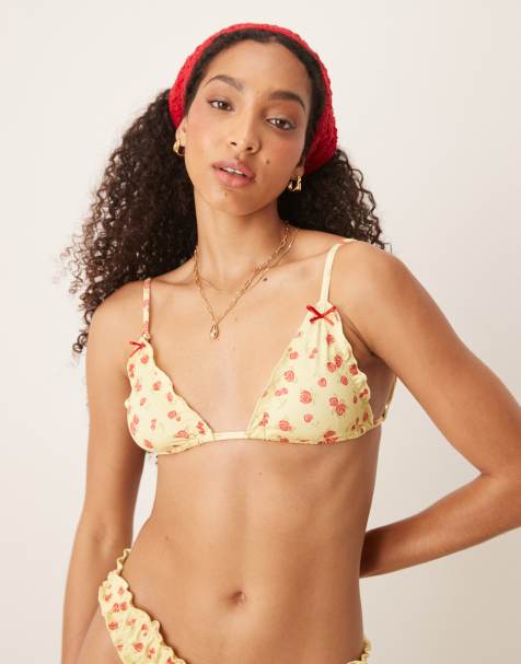 ASOS DESIGN Cherry Rose scrunch triangle bikini top in butter yellow