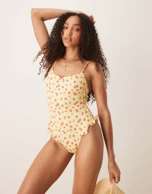 Asos Design Cherry/rose Ruffle Leg Swimsuit With Removeable Padding