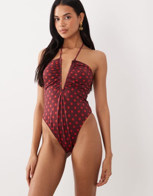ASOS DESIGN Cherry spot extreme U-wire bandeau swimsuit, 4 of 4