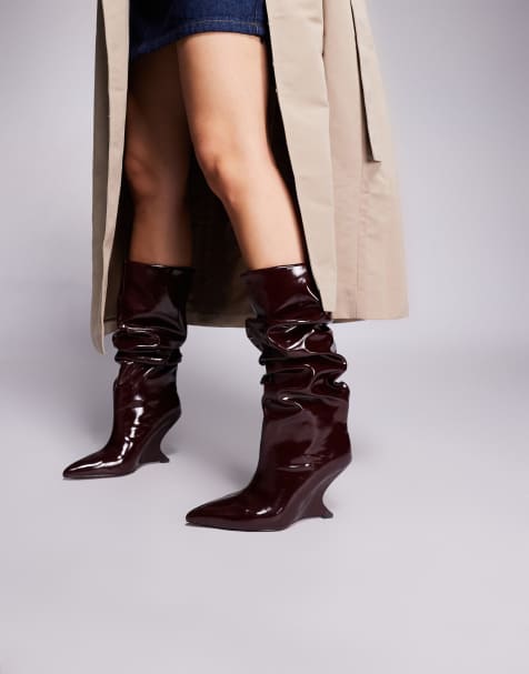 ASOS DESIGN Cheryl wedge slouch knee boots in burgundy - view 1