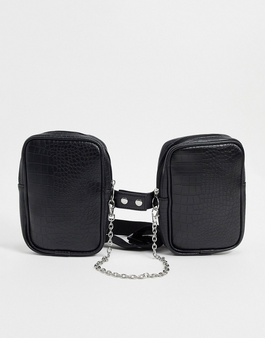 Asos Design Chest Harness Bag In Black Faux Leather Croc Emboss And Chain Detail