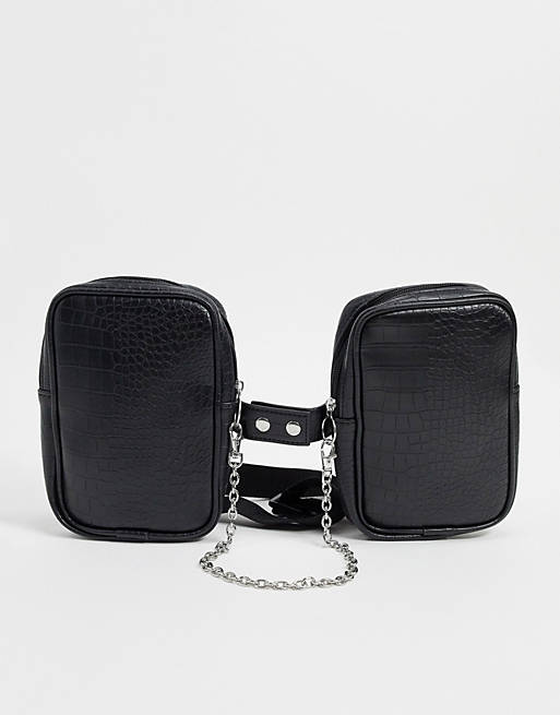 ASOS DESIGN chest harness bag in black faux leather croc emboss and chain detail
