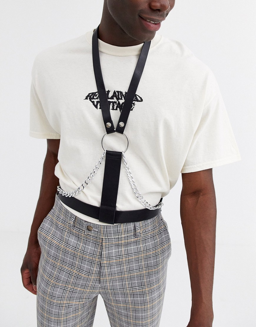 ASOS DESIGN chest harness in black faux leather with chain detail