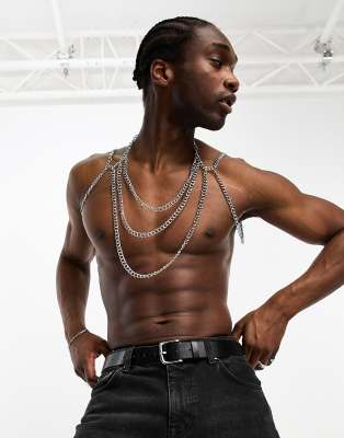 ASOS DESIGN chest harness with hanging chains in silver tone - ASOS Price Checker