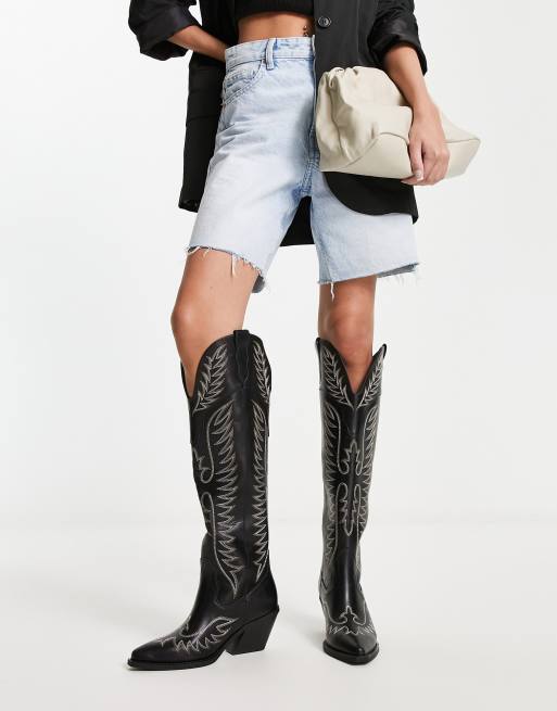 ASOS DESIGN Chester contrast stitch western knee boot in black