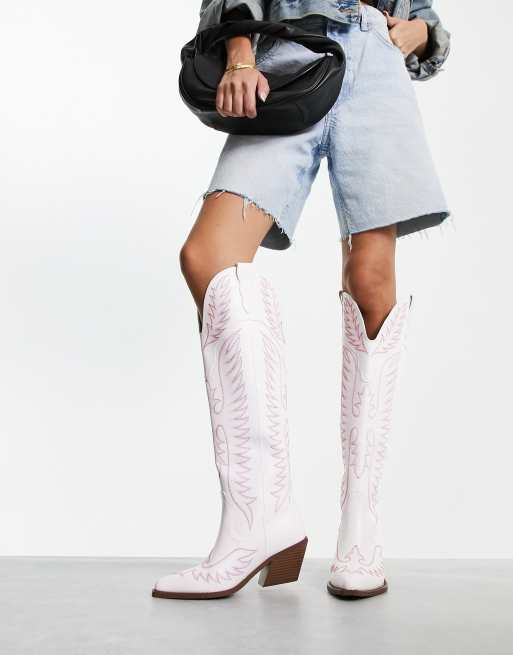 ASOS DESIGN Chester contrast stitch western knee boot in white | ASOS