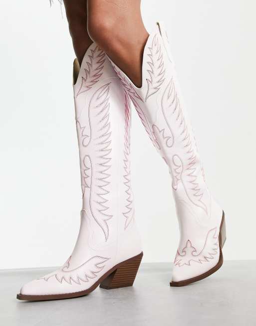 ASOS DESIGN Chester contrast stitch western knee boot in white ASOS