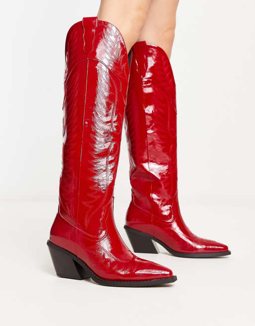 ASOS DESIGN – Chester – Röda, knähöga cowboyboots med kontrastfärgade sömmar