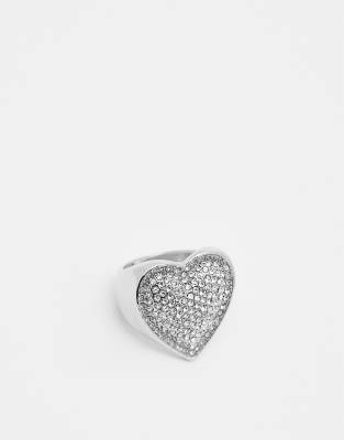 ASOS DESIGN heart signet ring with clear crystal pave in silver tone - ASOS Price Checker