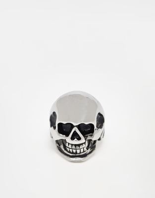 ASOS DESIGN - Chevalière en acier inoxydable étanche avec motif tête de mort - Argenté poli