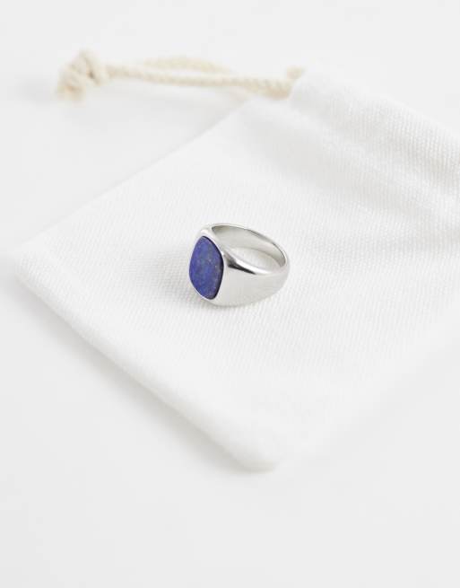 ASOS DESIGN - Chevalière rectangulaire en acier inoxydable résistant à l'eau avec pierre de lapis bleue semi-précieuse - Argenté, 2 de 3