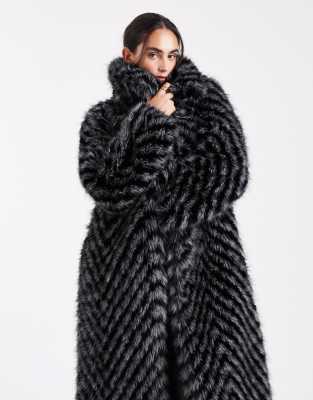 Asos Design Chevron Longline Faux Fur Car Coat In Black