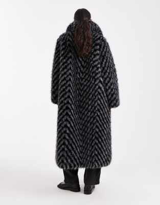 Asos Design Chevron Longline Faux Fur Car Coat In Black