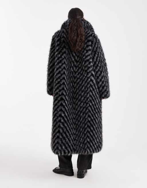 ASOS DESIGN chevron longline faux fur car coat in gray stripe