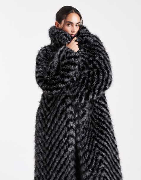 ASOS DESIGN chevron longline faux fur car coat in grey stripe - view 1