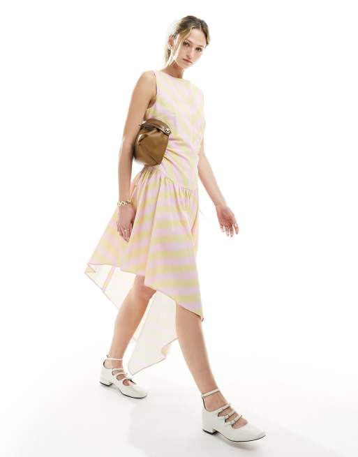 ASOS DESIGN chevron mix stripe cut out dress with asymmetric hem in sherbet chevron