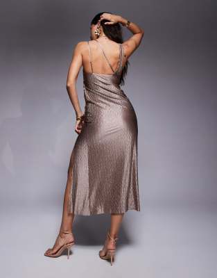 Asos Design Chevron Pleat Plunge Midi With Bubble Straps In Brown