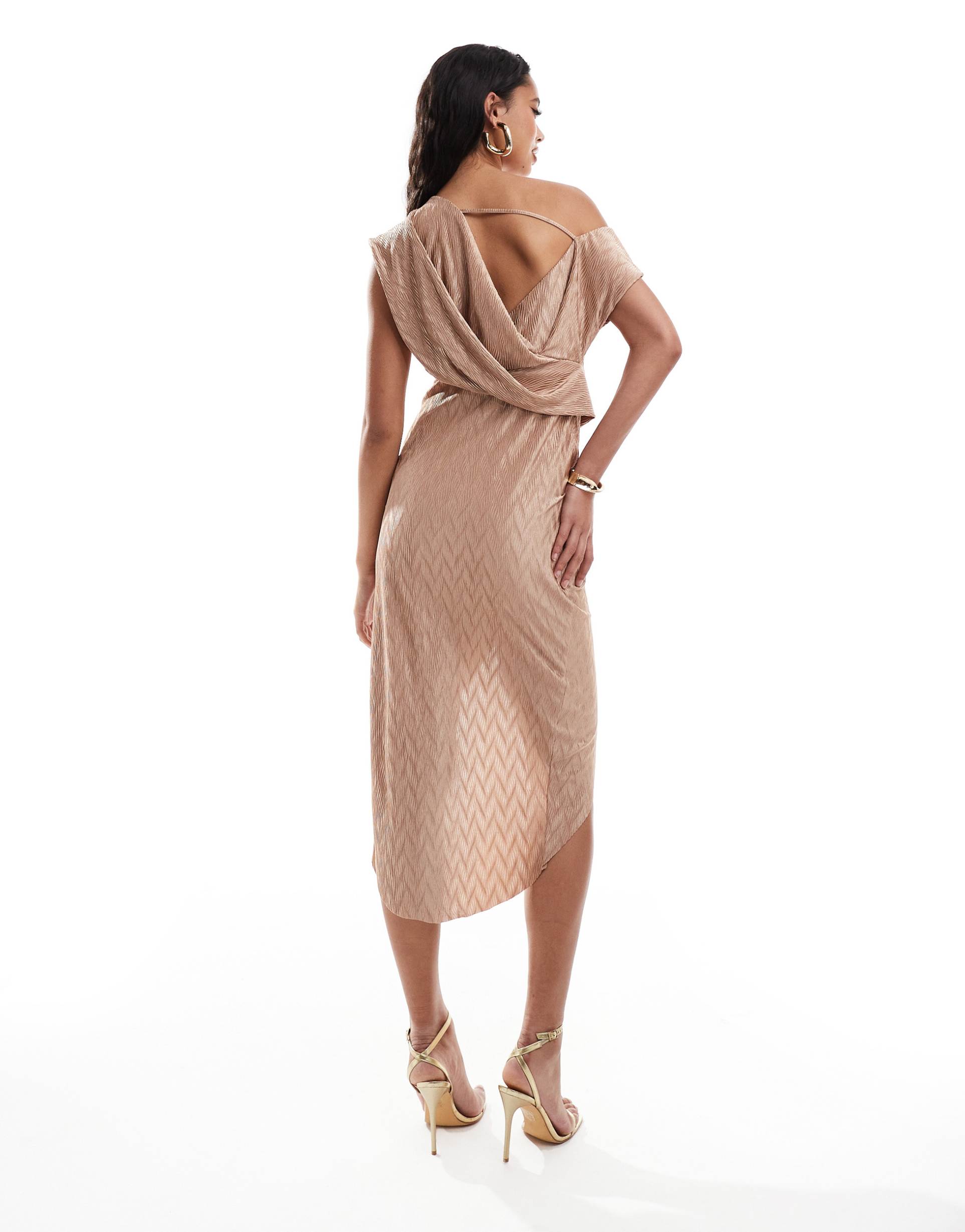 asos design chevron plisse high neck midi dress with cowl back in camel