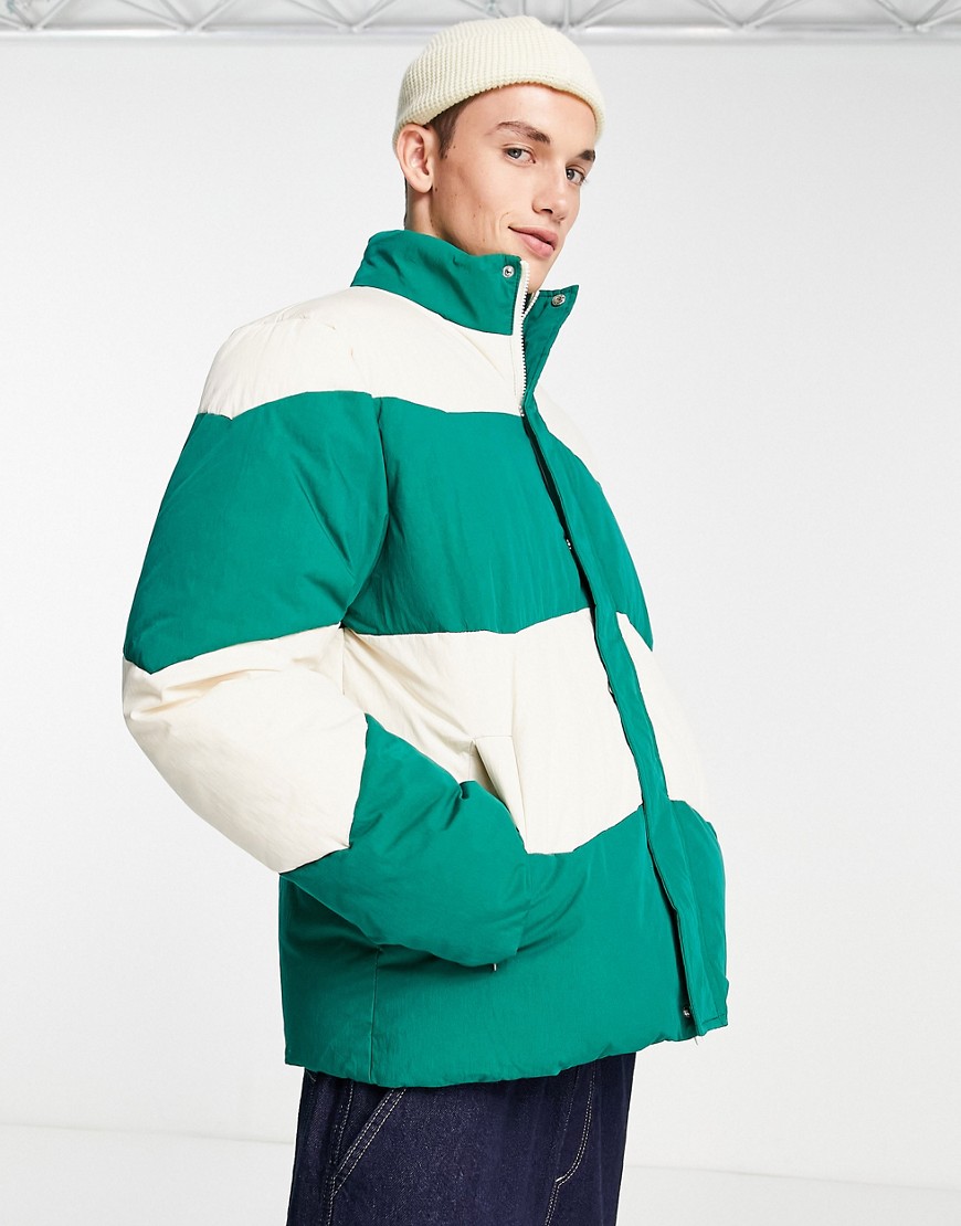 ASOS DESIGN chevron striped puffer jacket in ecru and green-Multi