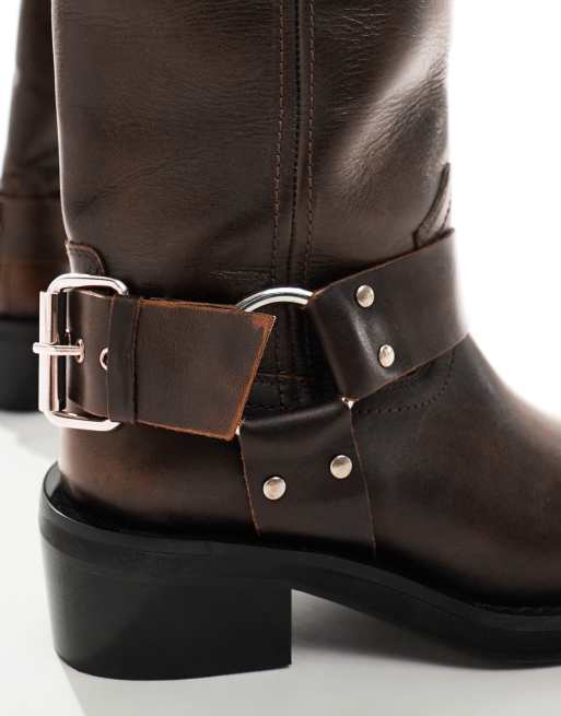 ASOS DESIGN – Chief – Brązowe skórzane botki typu biker, 3 z 4