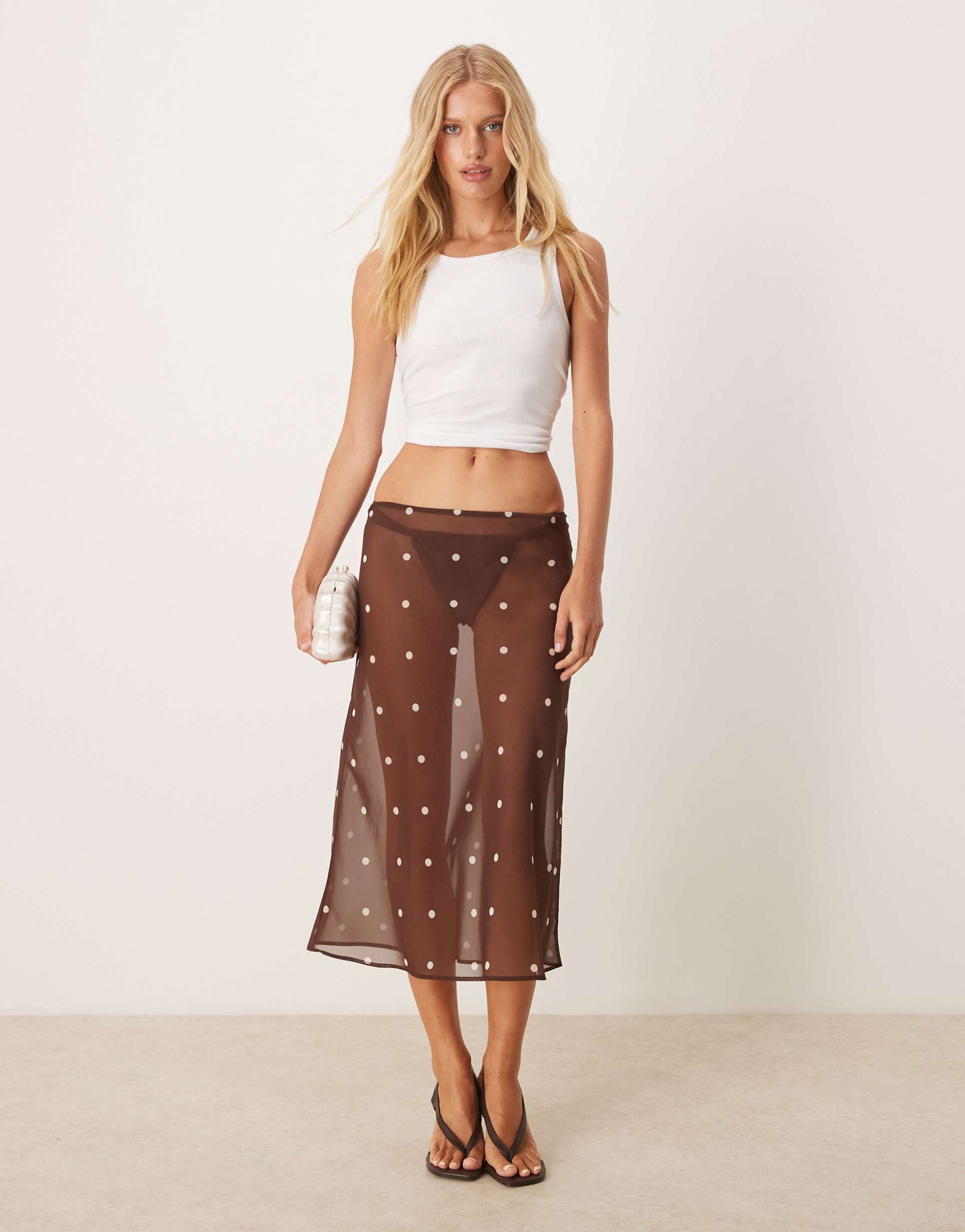 asos design chiffon 90s length bias midi skirt in chocolate polka dot