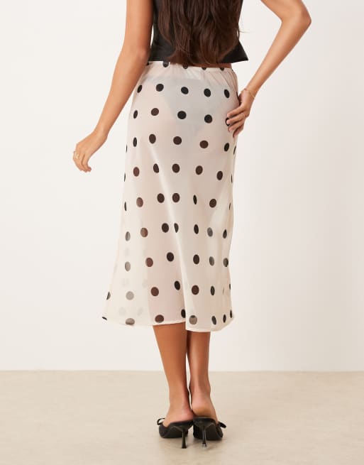 ASOS DESIGN chiffon 90s length bias midi skirt in cream polka dot, 3 of 5