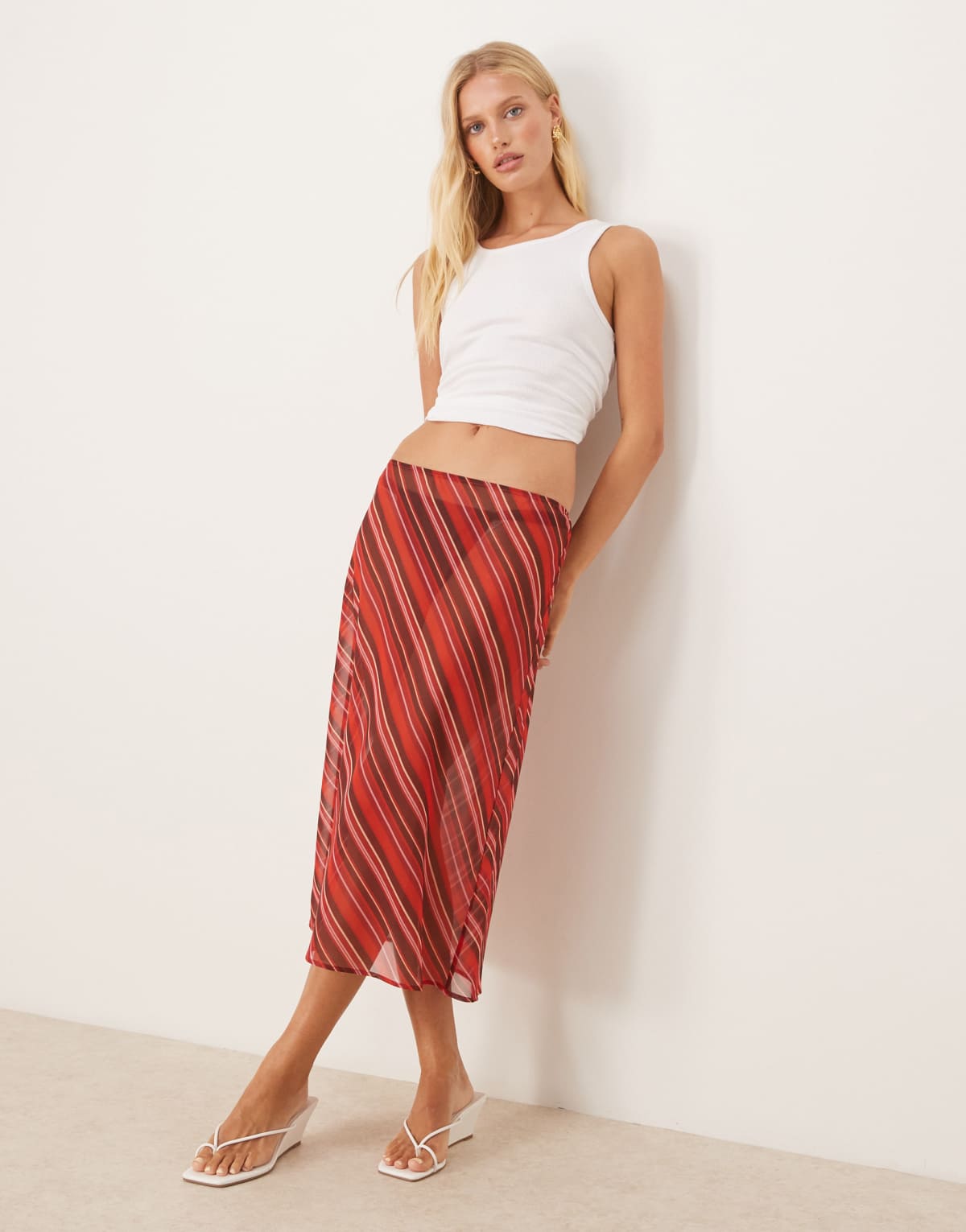 ASOS DESIGN chiffon 90's length bias midi skirt in maroon stripe