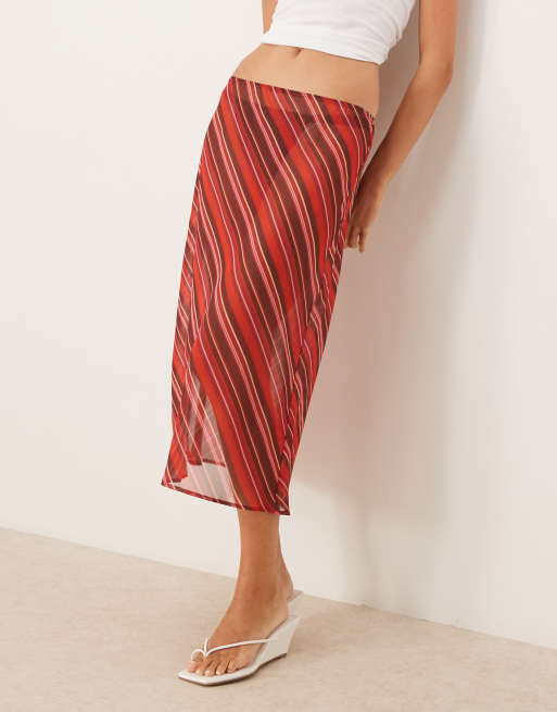 ASOS DESIGN chiffon 90's length bias midi skirt in maroon stripe