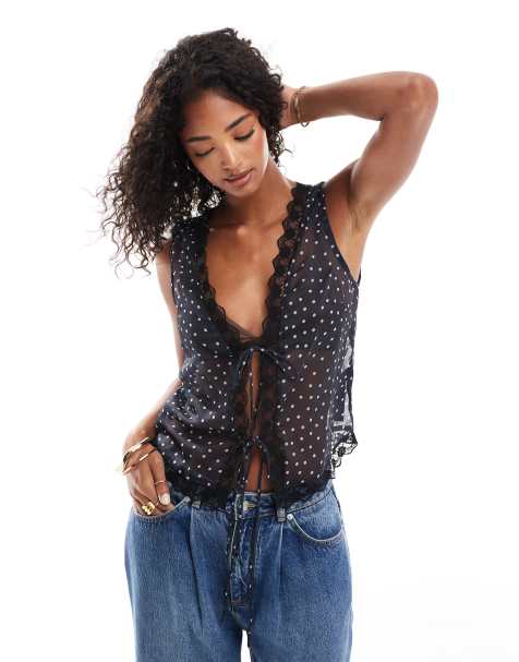 ASOS DESIGN chiffon and lace tie front waistcoat in spot print - view 1