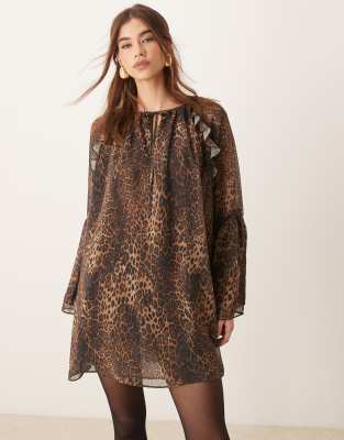 chiffon angel sleeve mini dress in leopard print-Multi