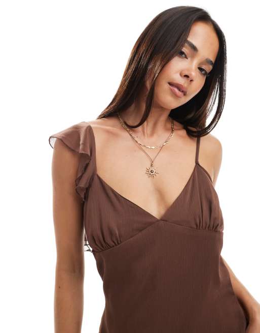 ASOS DESIGN chiffon asym hem midi dress in chocolate, 3 of 4